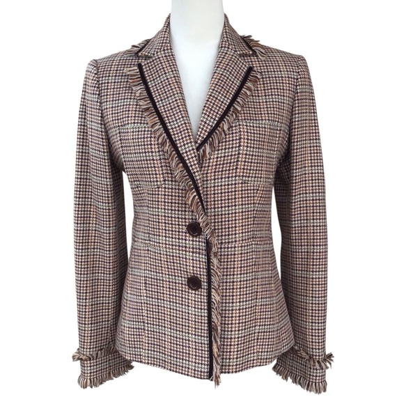 Adec2 by Phillipe Wool Houndstooth Fringe Trim Blazer - Picture 1 of 9